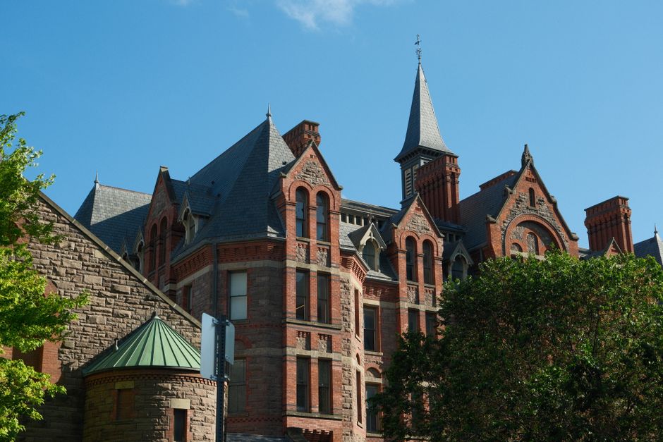 Capture of Gothic Revival architecture in downtown Toronto on a sunny day.