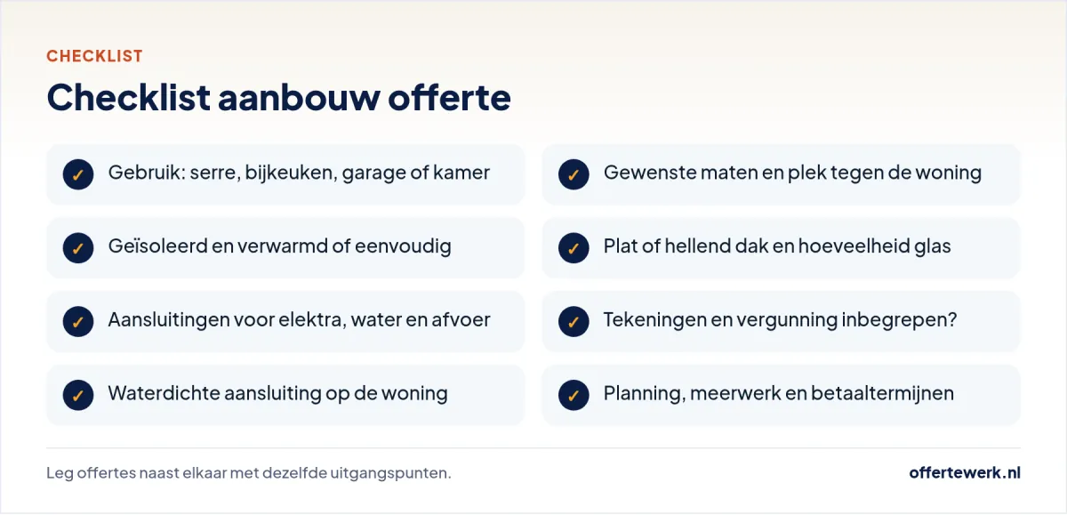 Checklist aanbouw offerte: gebruik, maten, isolatie, aansluitingen en vergunning