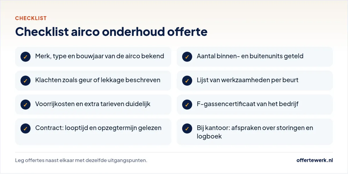 Checklist airco onderhoud offerte: gegevens, werkzaamheden, tarieven, F-gassen en contract