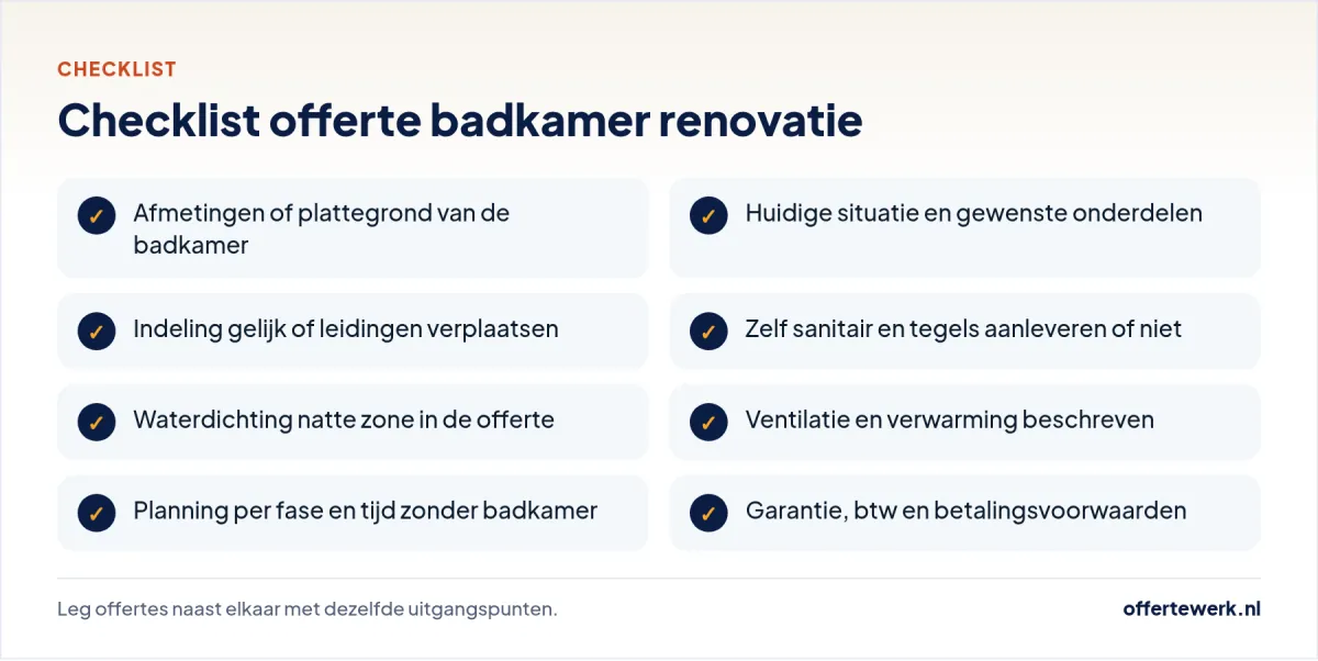 Checklist offerte badkamer renovatie: maten, indeling, sanitair, waterdichting en planning