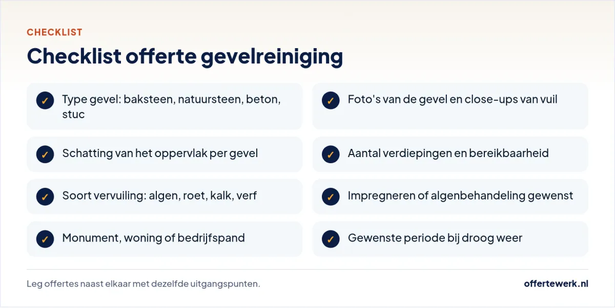 Checklist offerte gevelreiniging: wat u vermeldt in uw aanvraag om uw gevel te laten reinigen