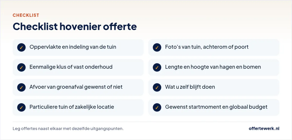 Checklist hovenier offerte: wat u vermeldt in uw aanvraag voor tuinonderhoud