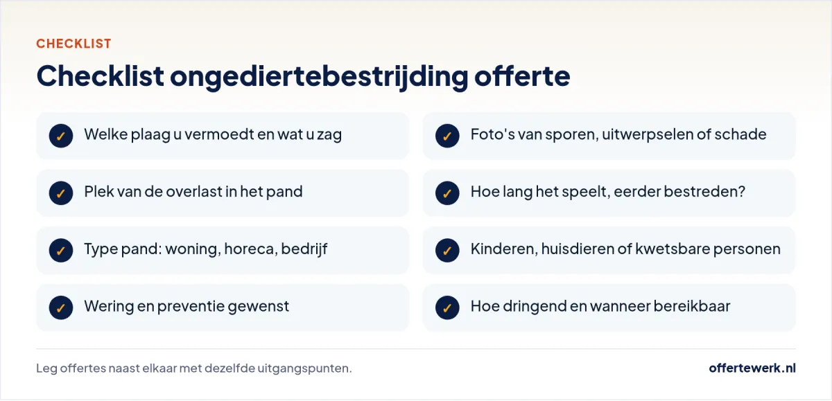 Checklist ongediertebestrijding offerte: wat u vermeldt in uw aanvraag om ongedierte te laten bestrijden