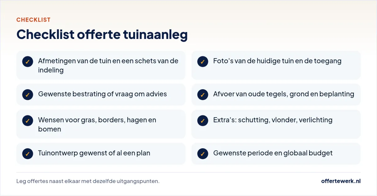 Checklist offerte tuinaanleg: wat u vermeldt in uw aanvraag voor een nieuwe tuin