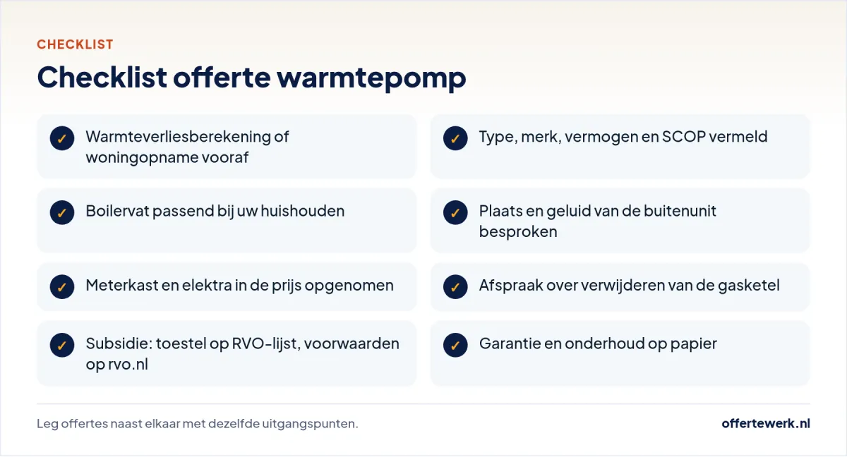 Checklist offerte warmtepomp: berekening, vermogen, boilervat, buitenunit, elektra en garantie
